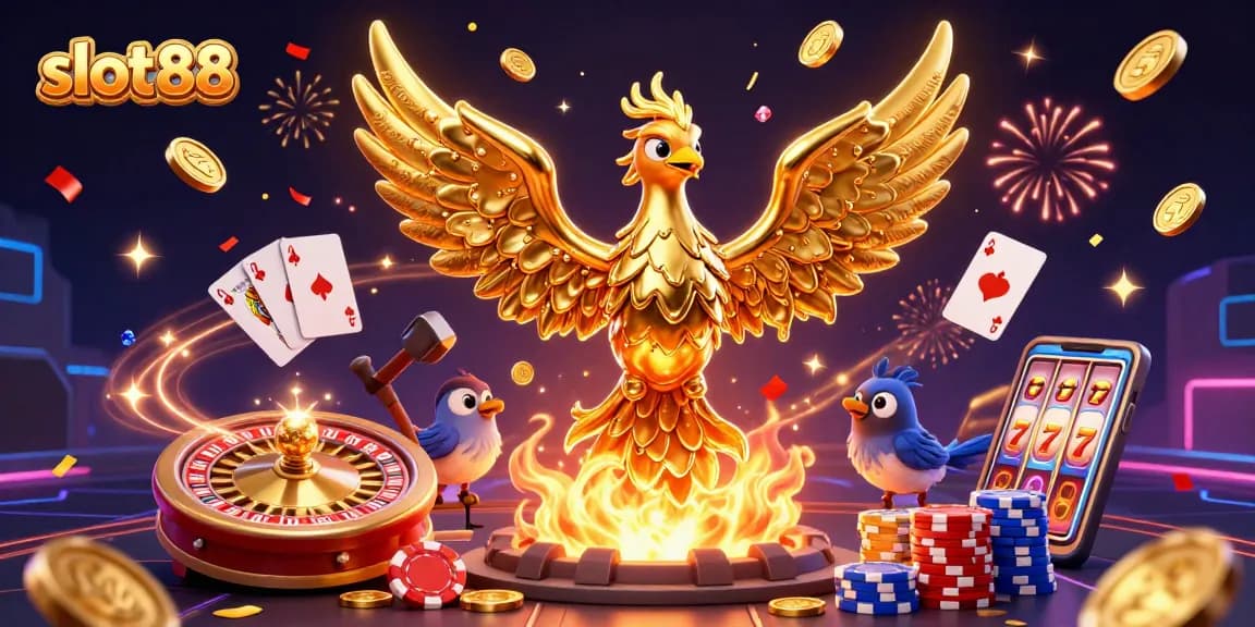 Engage in thrilling gameplay with slot88 as cascading coins and sparkling gems surround a golden phoenix and blacksmith sparrows.
