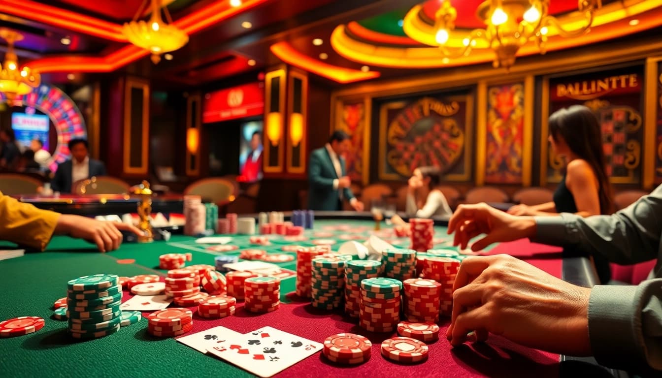 Thrilling gameplay at Cổng game Hit club casino with poker chips and cards.