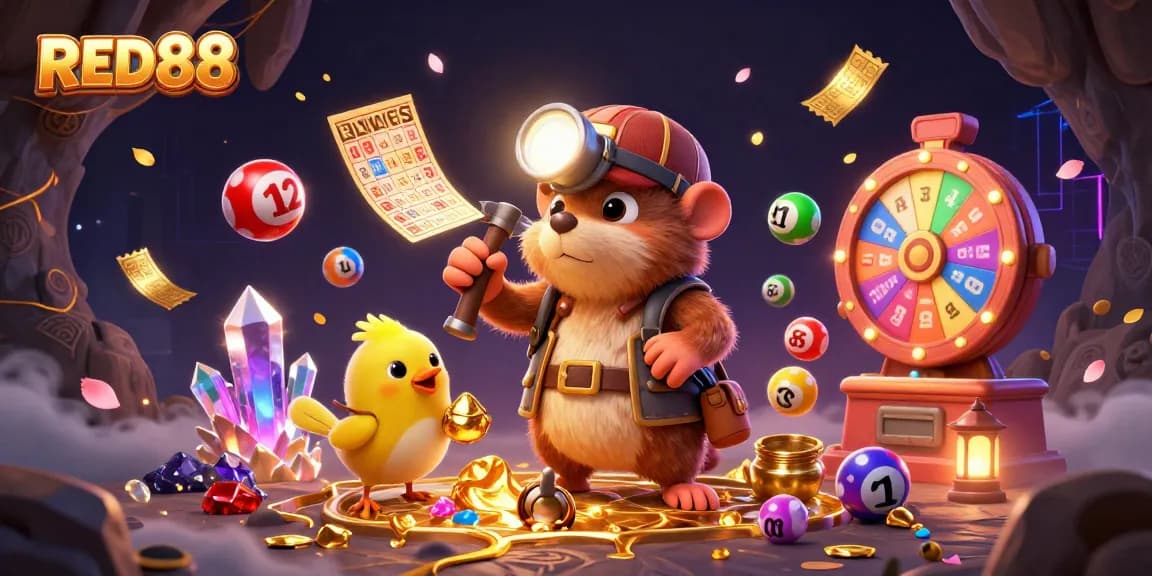 Engage with RED88's thrilling casino experience featuring vibrant lottery elements and a treasure hunter.
