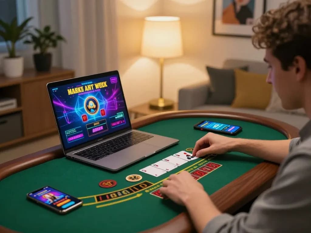 Engaged player enjoying blackjack at home online casino table while seeking more info on winning strategies