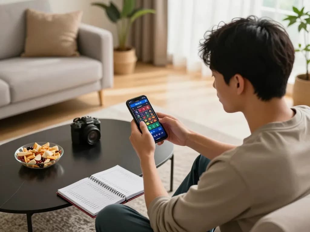 Engaging in đánh lô online through a mobile app in a cozy living room, highlighting strategy and entertainment.