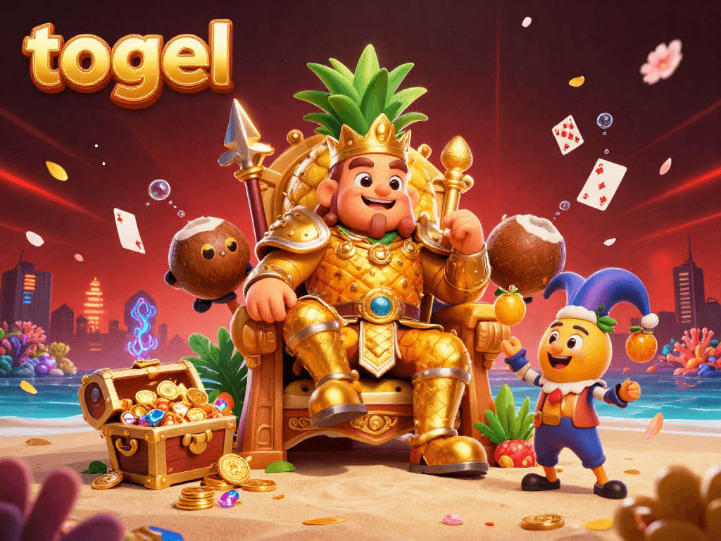 Engage in thrilling togel gameplay with vibrant characters and gold coins at a beach casino.