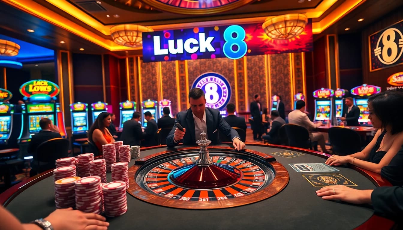 Experience the thrill of 'Luck 8' with vibrant casino visuals featuring exciting gaming elements.