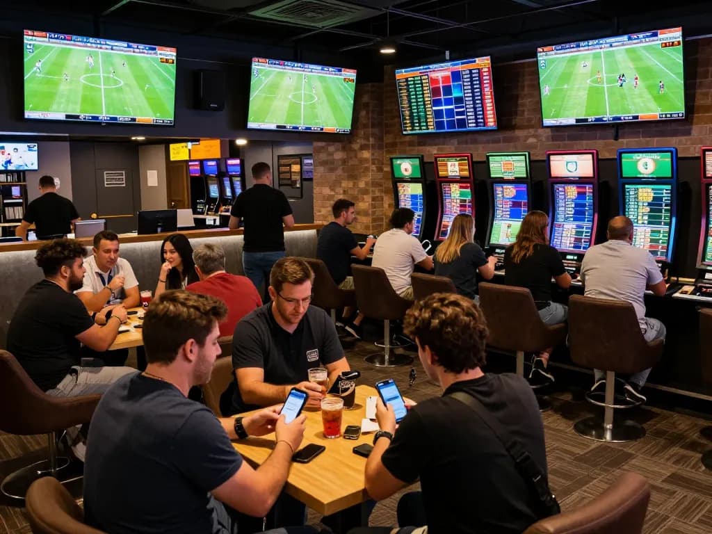 Engaged bettors using mobile apps on a trang cá cược bóng đá in a lively sports betting lounge.