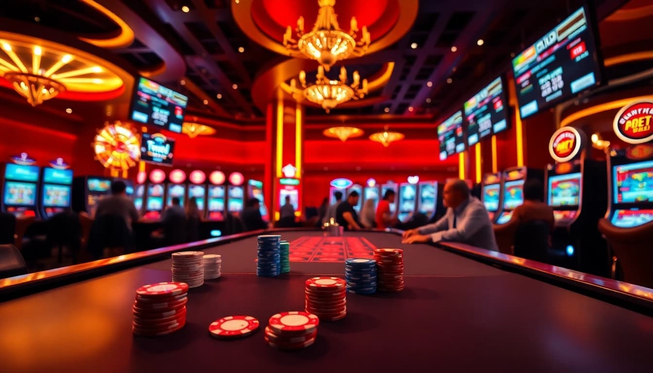 Experience the vibrant casino atmosphere at tabet, featuring poker chips and slot machines.
