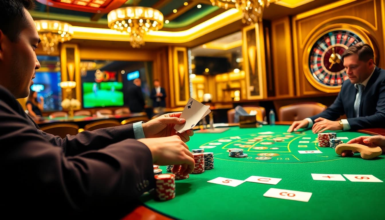 Experience the thrill of Link Vào Nhà Cái 68VIP with an engaging casino scene featuring poker games and vibrant gambling elements.