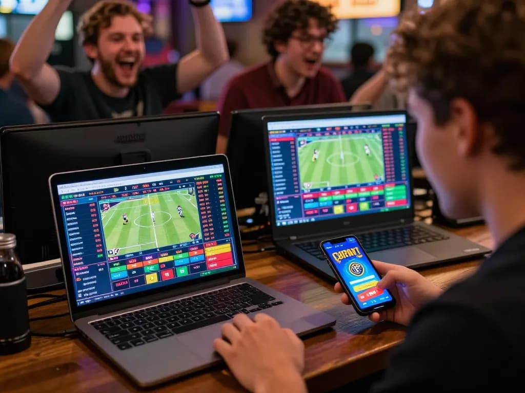 Engaging sports betting experience with keonhacai details and live odds displayed on screens.