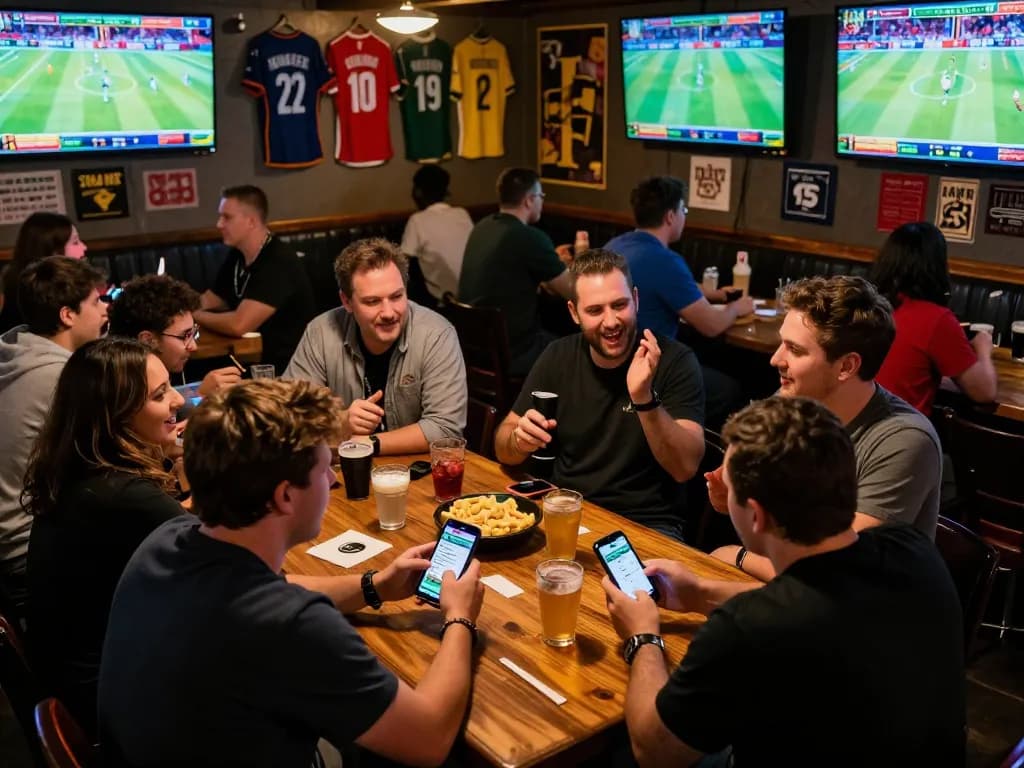 Engaged friend placing a bet on keonhacai while watching sports in a lively bar, capturing the excitement of live betting.