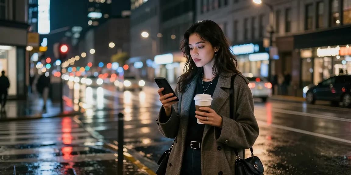 Cảnh đường phố về đêm với gái gọi chờ xe ở góc phố, ánh đèn neon phản chiếu trên vỉa hè ẩm ướt