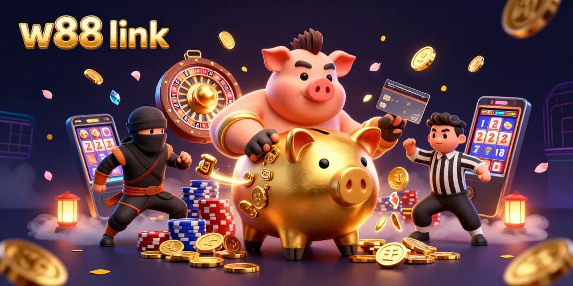 Win big with the w88 link, featuring a dynamic 3D illustration of casino action and betting excitement.