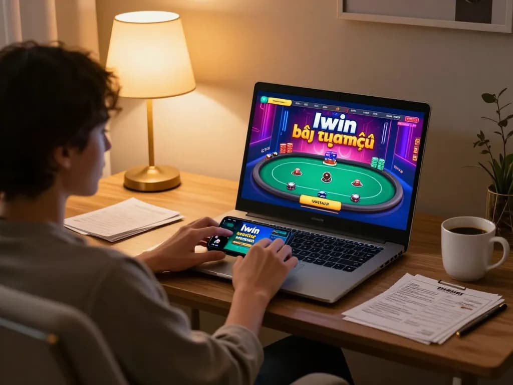 The player engages in an iwin game bài thượng lưu, enjoying a strategic session at a modern home setup.