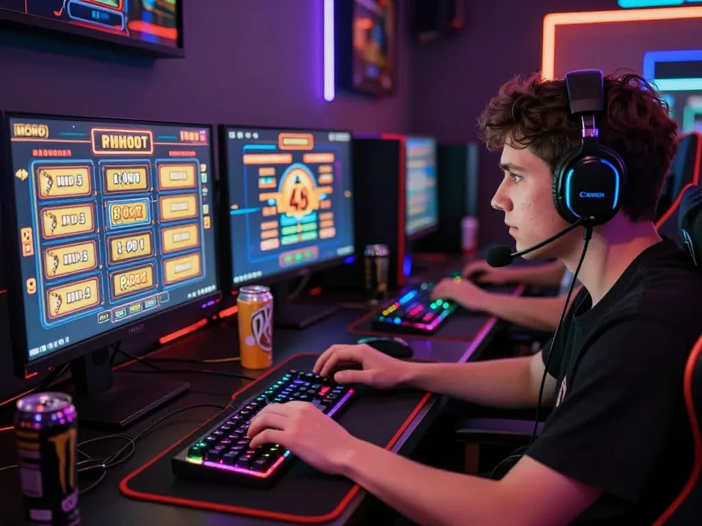 Situs slot gacor gaming scene with player immersed in online slot games, colorful LED lights, and monitors displaying winnings.