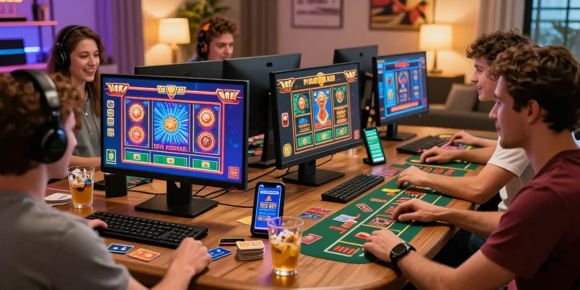 Exciting gameplay scene at credit card casinos featuring friends gaming at home with multiple devices and credit cards, as highlighted by https://eviz.org.uk.