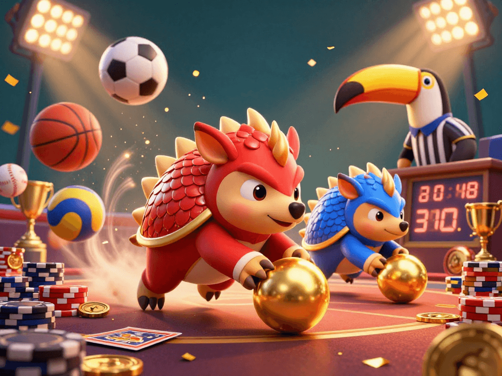Toto Slot game illustration featuring rival pangolins among casino elements, showcasing excitement and competition.