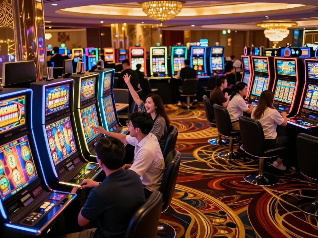 Players celebrating at tg88 casino with vibrant slot machines and exciting gameplay atmosphere.