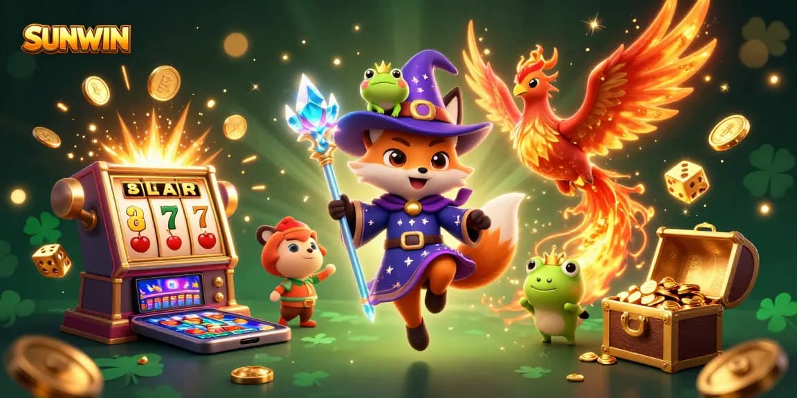 SUNWIN engages players with thrilling slot machines and dynamic casino games illustrated in a vibrant 3D scene.