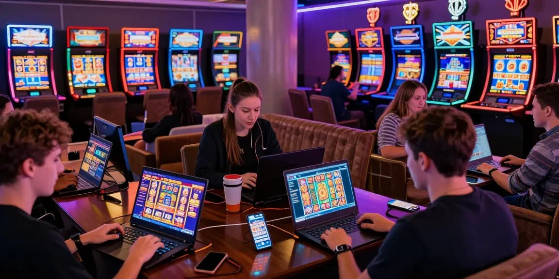 New online casinos UK players enjoying vibrant gameplay on devices in a lively casino-inspired environment.