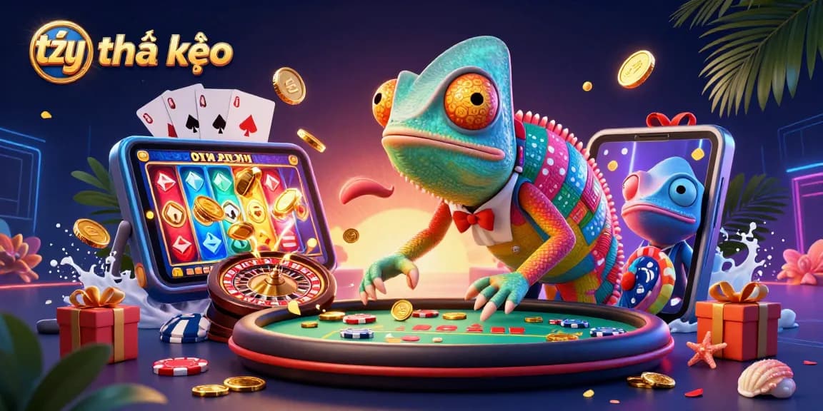 Experience dynamic betting action with tỷ lệ kèo in a vibrant casino scene featuring colorful games and chameleon owner.