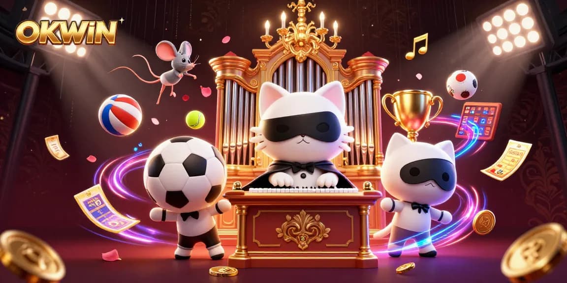 Experience thrilling gameplay with OKWIN's vibrant casino illustration featuring a stylish phantom cat and acrobat.