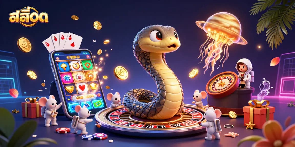 Bet on สล็อต with playful astronaut mice around a cosmic roulette wheel in a vibrant casino scene.