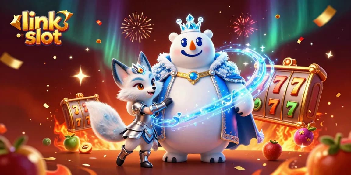 Putar slot gacor di link slot dengan karakter beruang kutub bergaya kartun dan simbol keberuntungan.