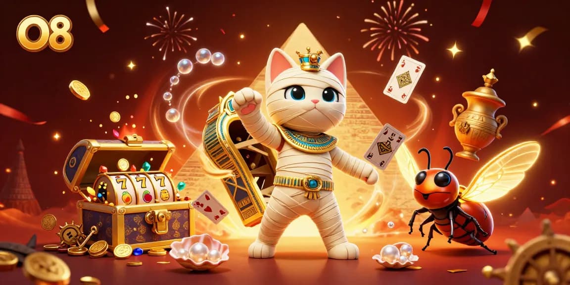 Experience the excitement of O8 casino gaming with a dynamic scene featuring a mummy cat and treasure elements.