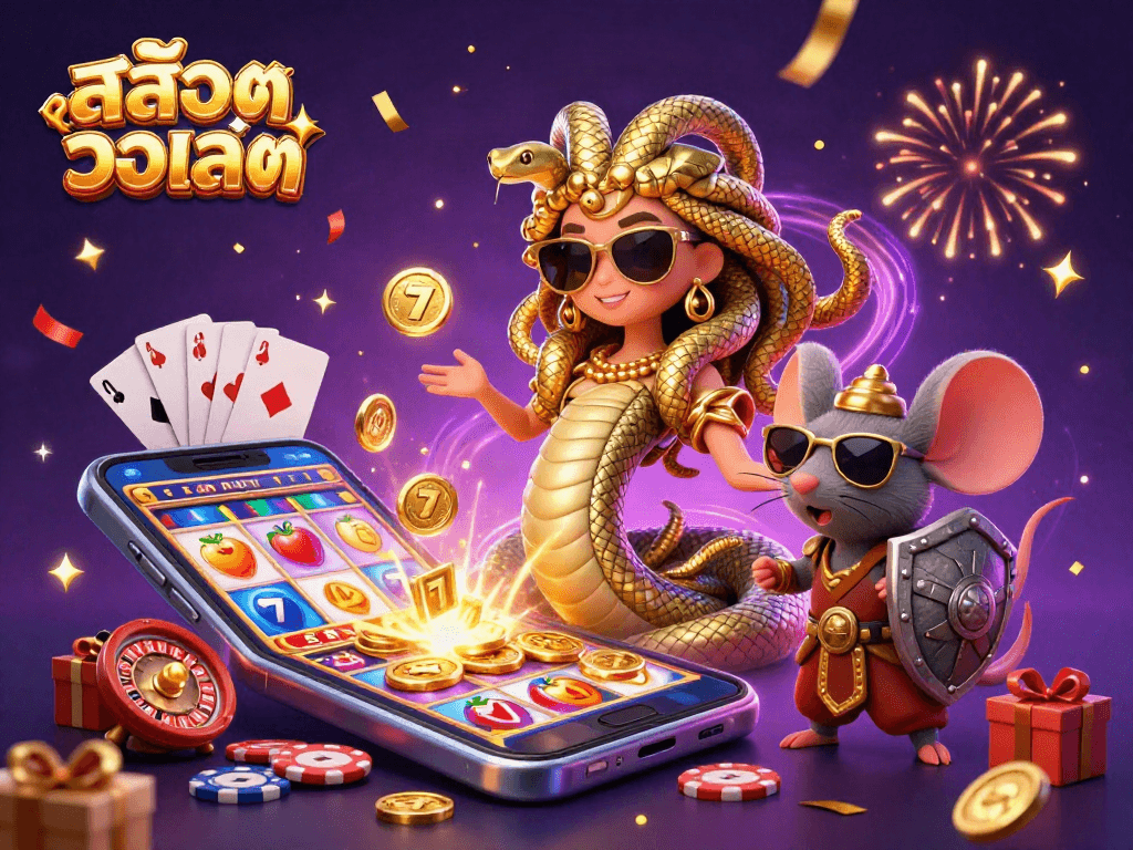 Winning at สล็อตวอเลท with a festive scene featuring Medusa, a sword-wielding mouse, and playful slot game elements.