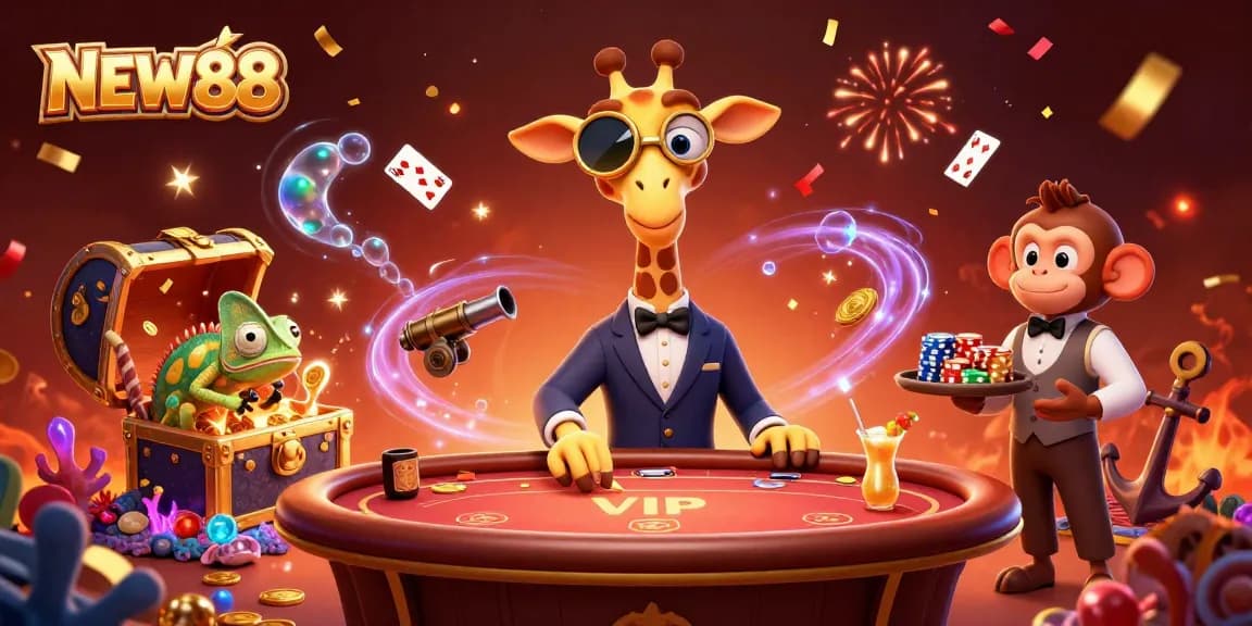 Experience the excitement at NEW88 Casino with high-roller giraffe at a poker table surrounded by treasure.