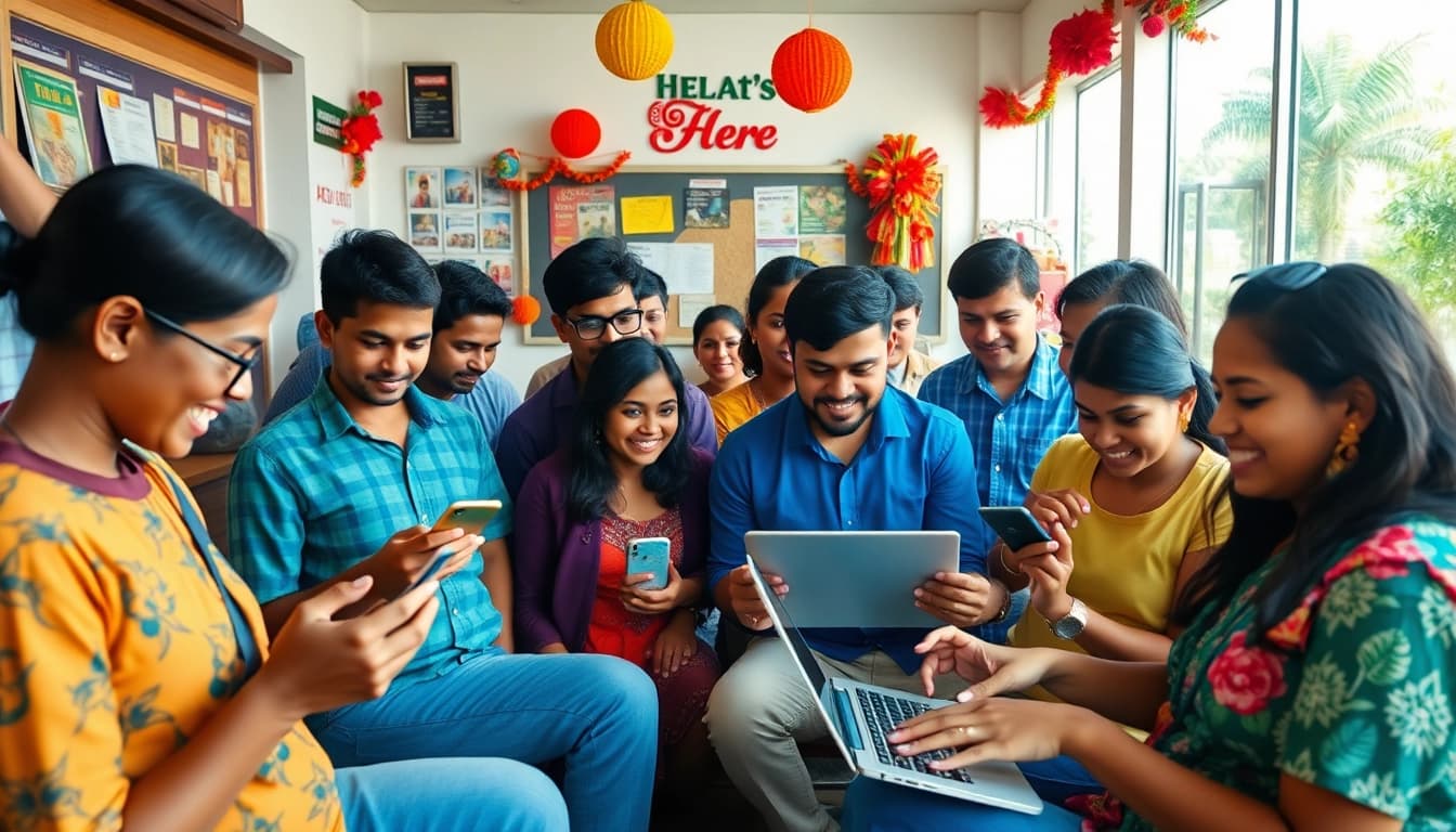 Hela Add platform showcasing diverse users engaging with digital classifieds in a vibrant Sri Lankan marketplace.