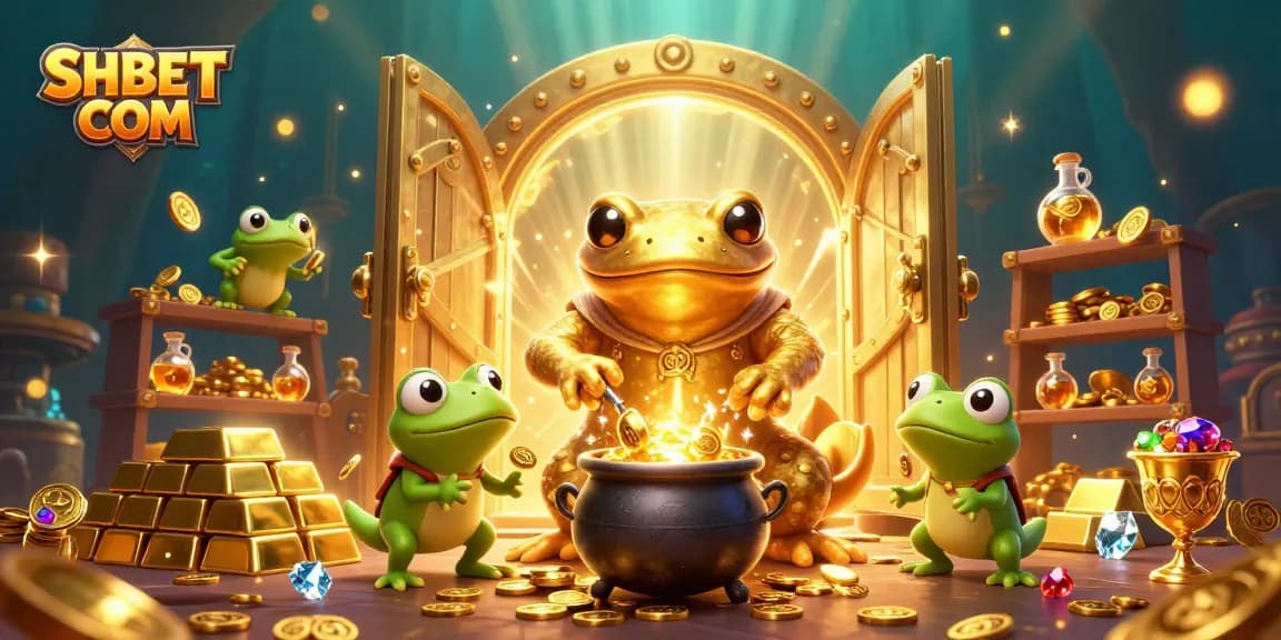 Experience enchanting wins with SHBET COM in a vibrant 3D casino treasure scene filled with gold and jewels.