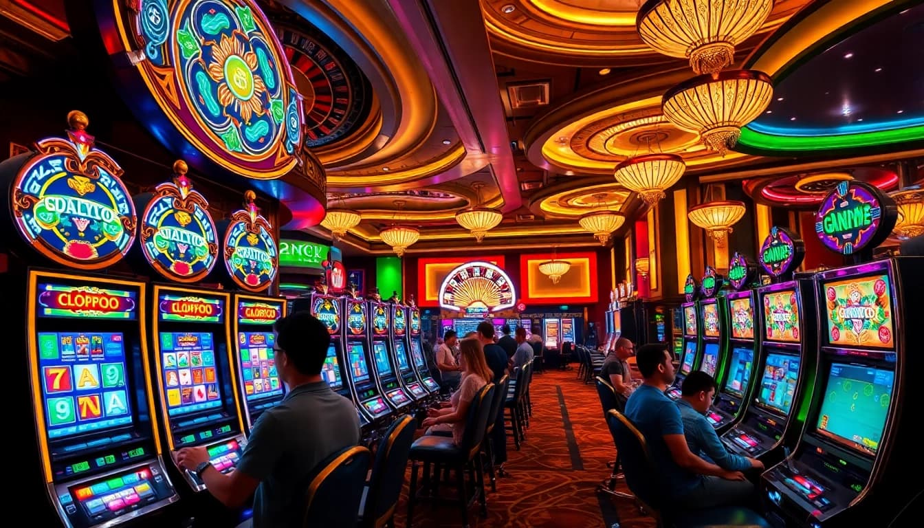 Players enjoying a thrilling session at slot gacor machines in a vibrant casino.
