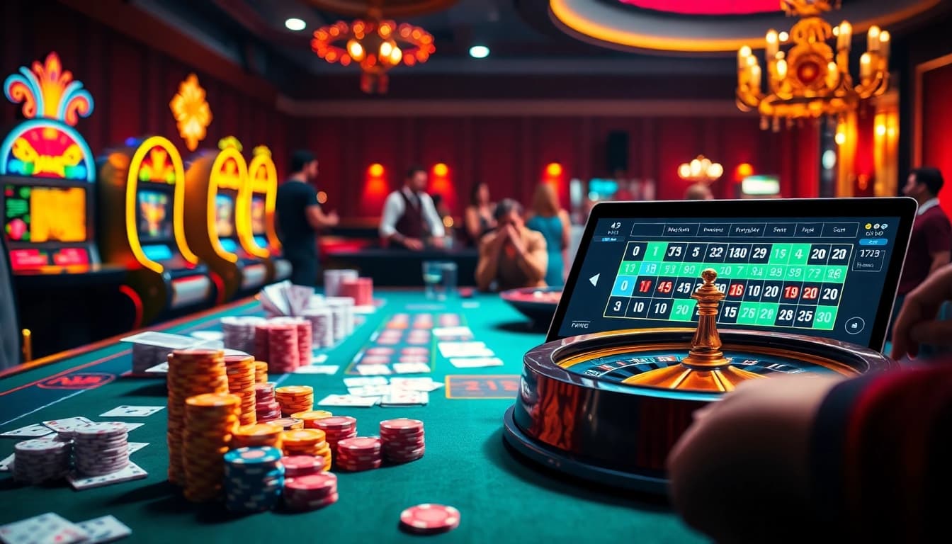 Adegan permainan Dewanaga89 yang menampilkan meja kasino yang berwarna-warni, kartu, dan mesin slot.