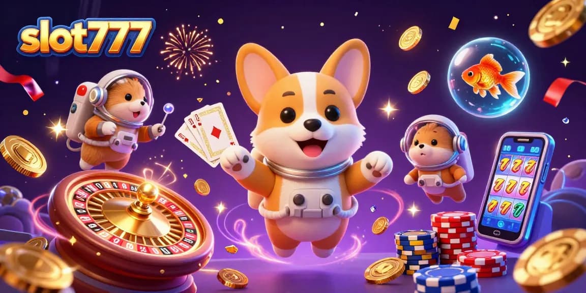 Experience the thrill of slot777 with dynamic casino action showcased in a colorful 3D illustration.