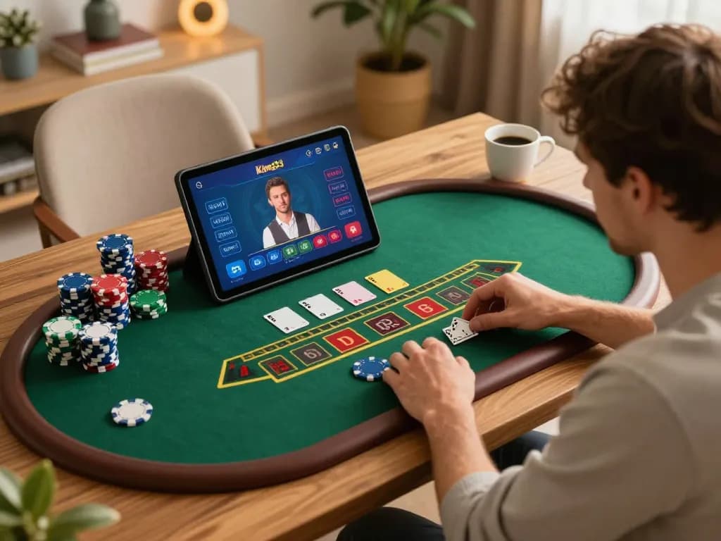 Engaged player experiencing King33 live dealer blackjack gameplay on tablet while strategizing from home.