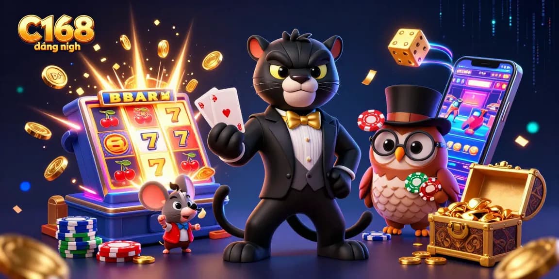 C168 đằng nhập showcases a playful 3D casino scene with colorful elements and characters engaging in card games.