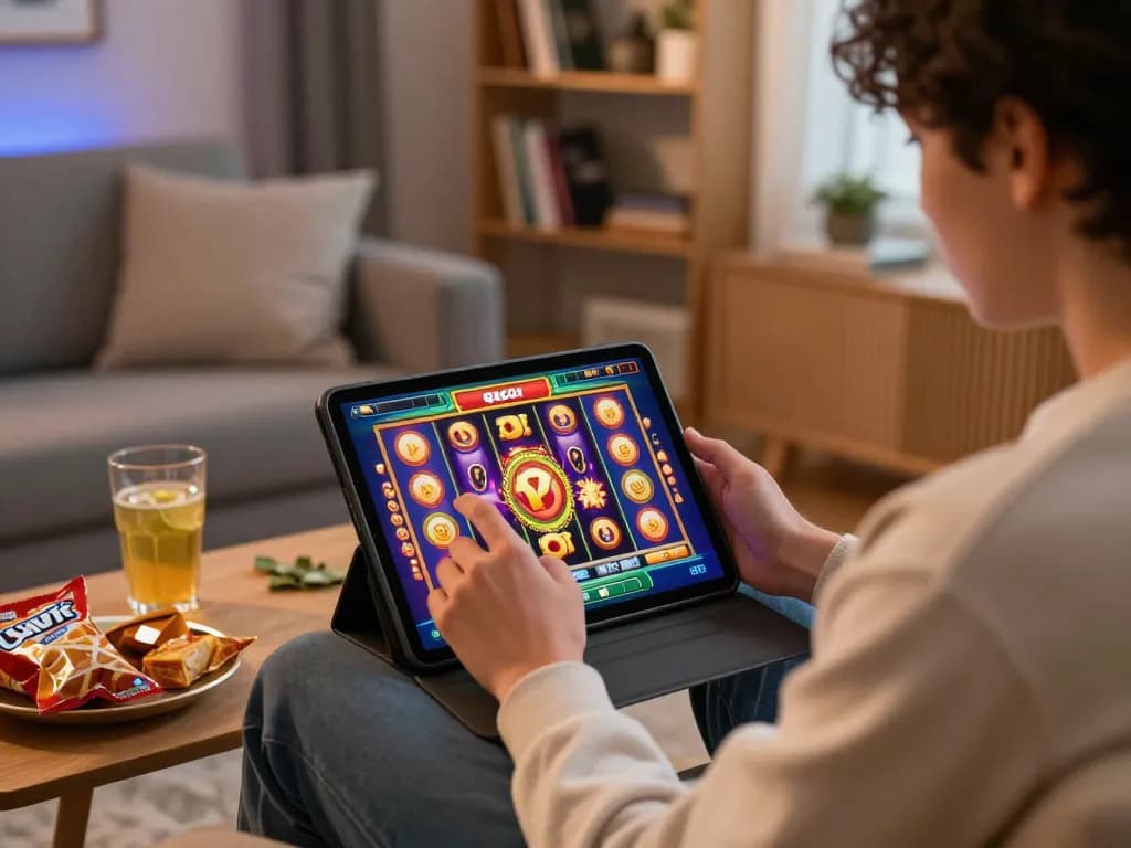 Engaging player enjoying slot gacor adventure on tablet, modern cozy living room setting with snacks and warm lighting.