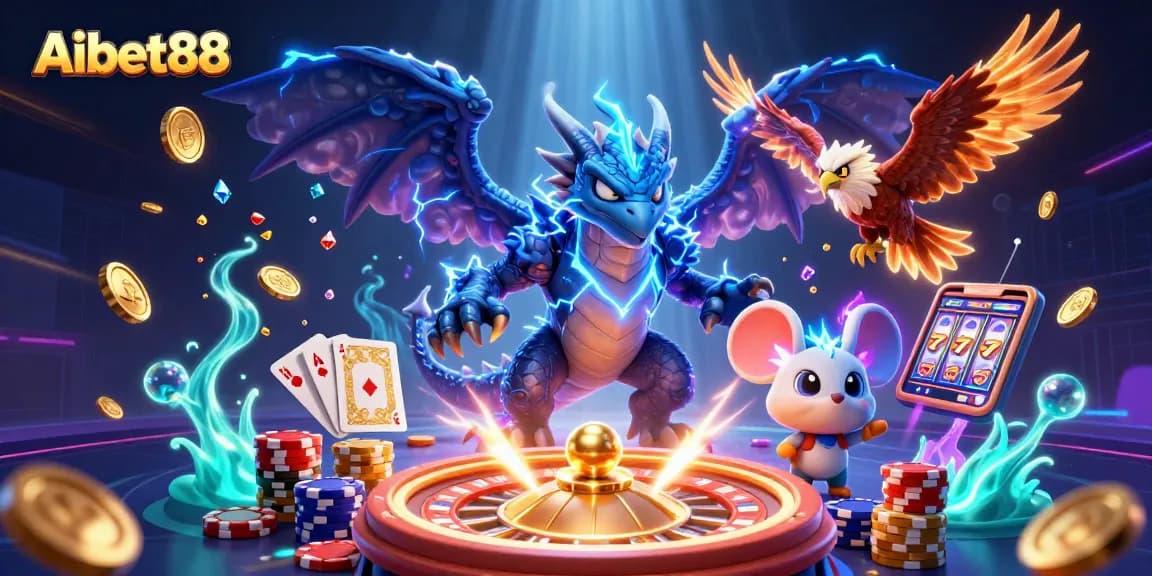 Aibet88 showcases exciting gaming action with a dynamic 3D casino illustration of magical creatures and slot games.