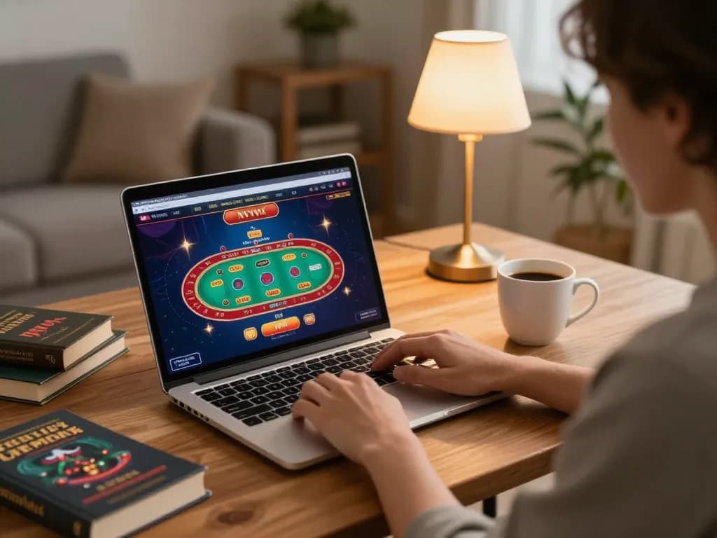 Liên hệ KO66 for online support while enjoying casino games at home with a laptop and coffee.
