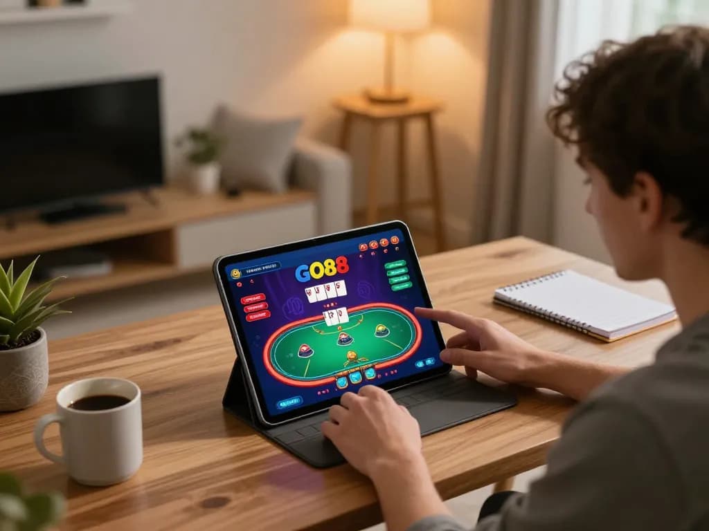 Player engaging with the GO88 casino app on a tablet during a cozy home gaming session
