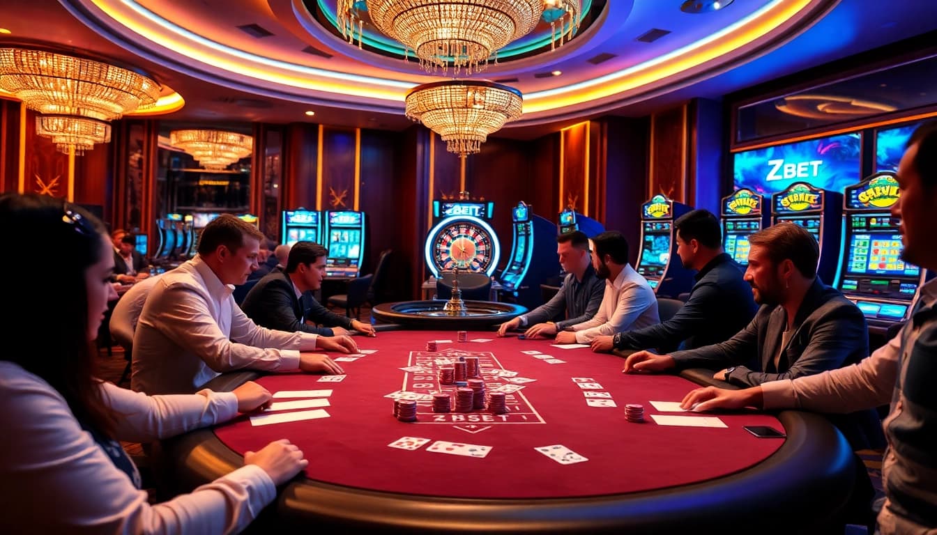 ZBET players winning at a vibrant poker table with exciting gaming action.