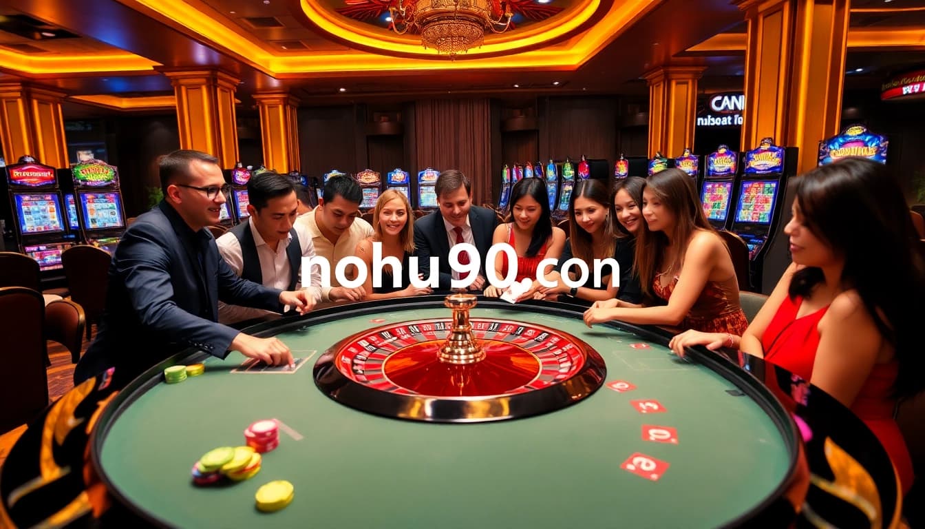 Experience the excitement at nohu90 com with vibrant gambling visuals featuring roulette, slots, and players.