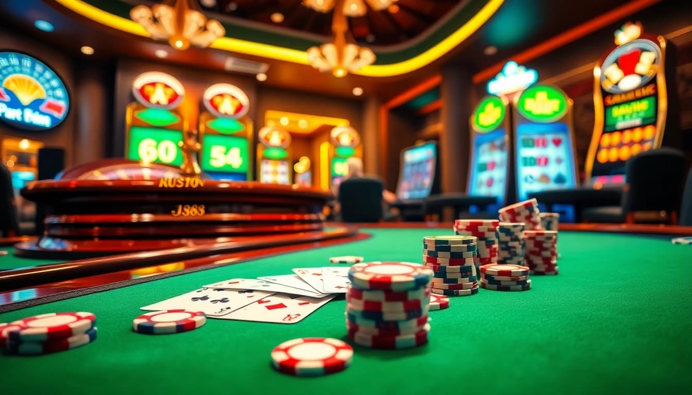Experience the excitement of RR88 Auction at a vibrant casino table filled with poker chips, cards, and a spinning roulette wheel.