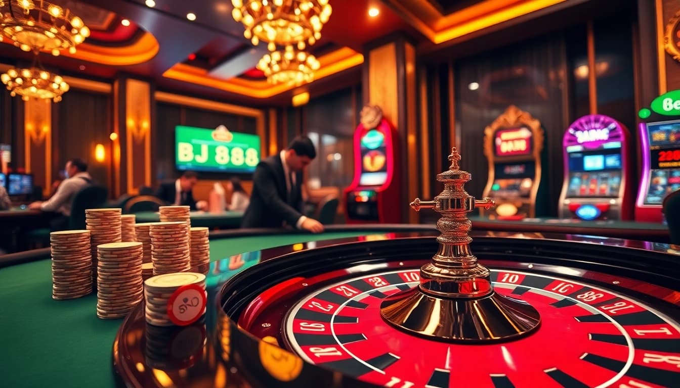 Experience thrilling gameplay at BJ 888 with an elegant casino atmosphere showcasing roulette and poker.