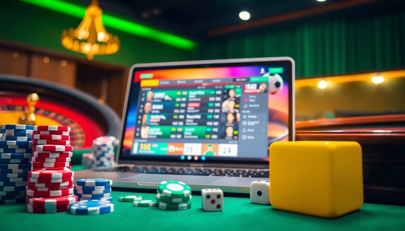 Exciting sports betting scene with เทคนิคแทงบอล strategies displayed on a laptop amidst casino elements.