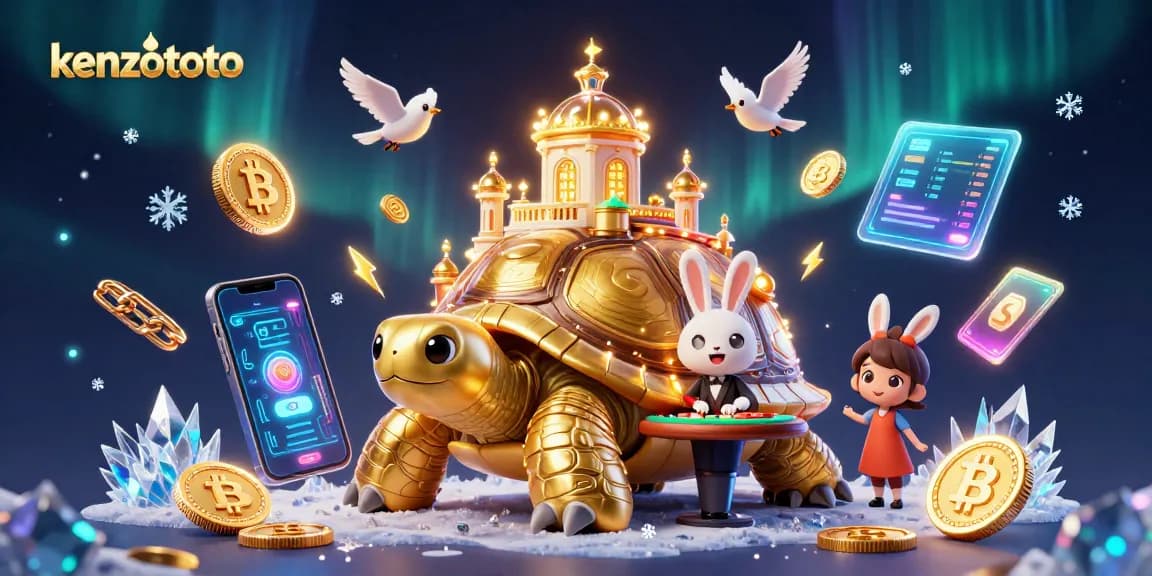 Experience winning moments with kenzototo in a vibrant casino scene filled with golden coins and crypto elements.