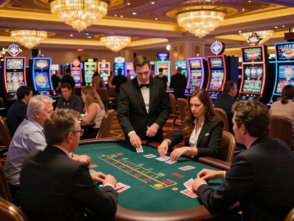Engaged players strategize at blackjack tables in a vibrant hytw3339 casino scene