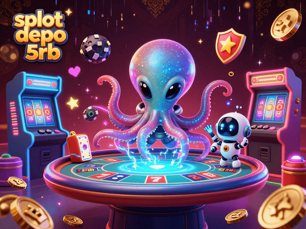 Experience the thrilling action of slot depo 5rb with an alien octopus at a vibrant poker table.