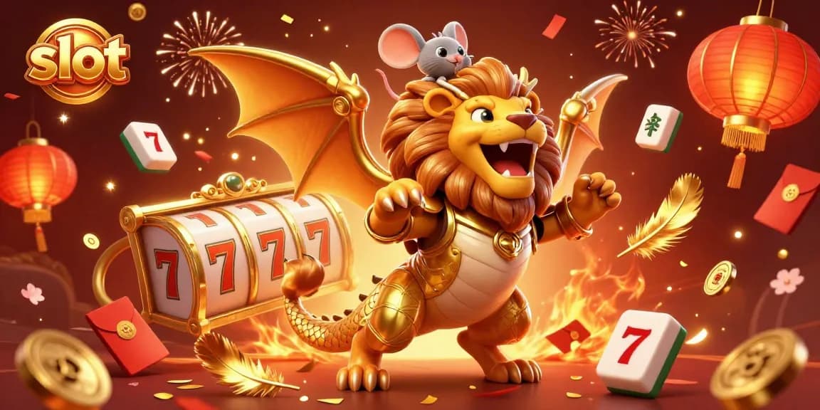 Experience the excitement of slot gaming with a chimera creature, lucky symbols, and vibrant celebrations.