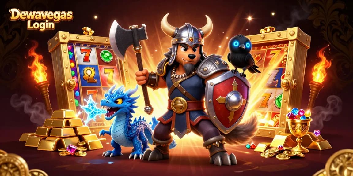 Dewavegas Login showcases a thrilling slot experience with a Viking wolf warrior, a small dragon, and gambling treasures surrounding them.