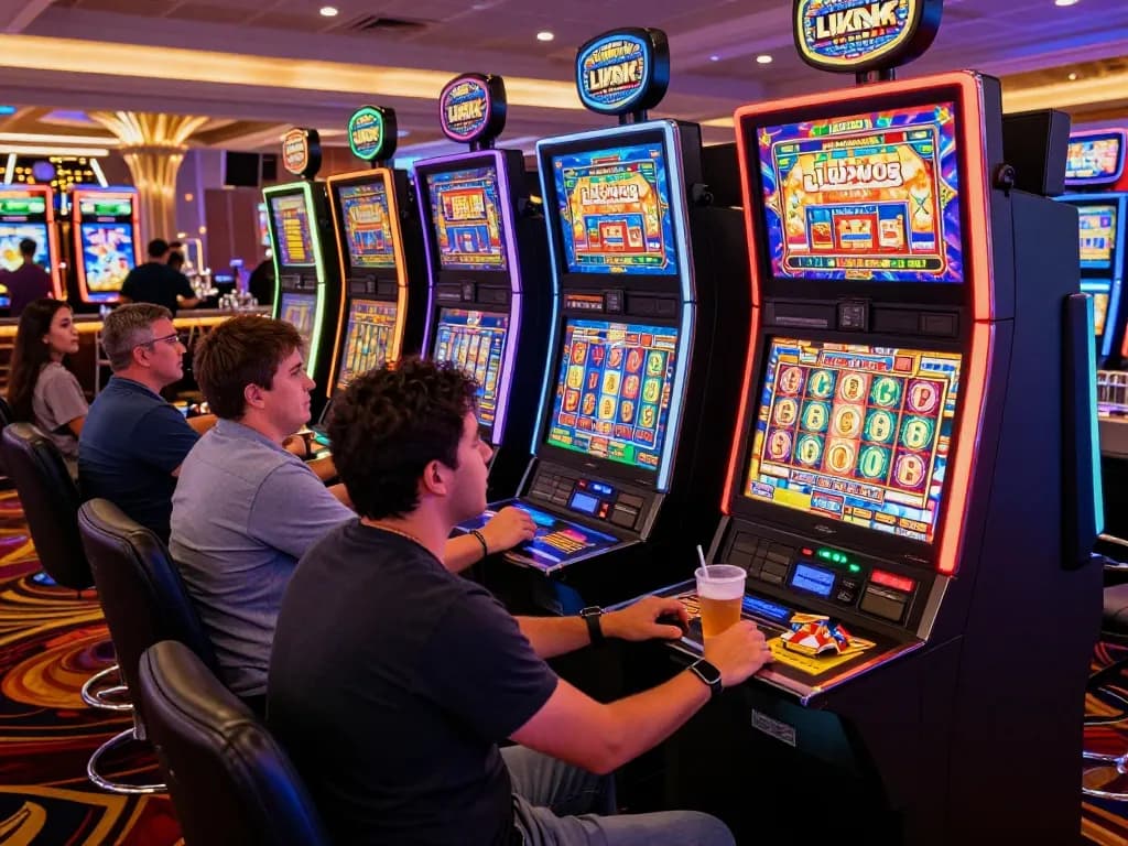 Pemain menikmati kegembiraan mesin slot link di lingkungan kasino yang ramai.
